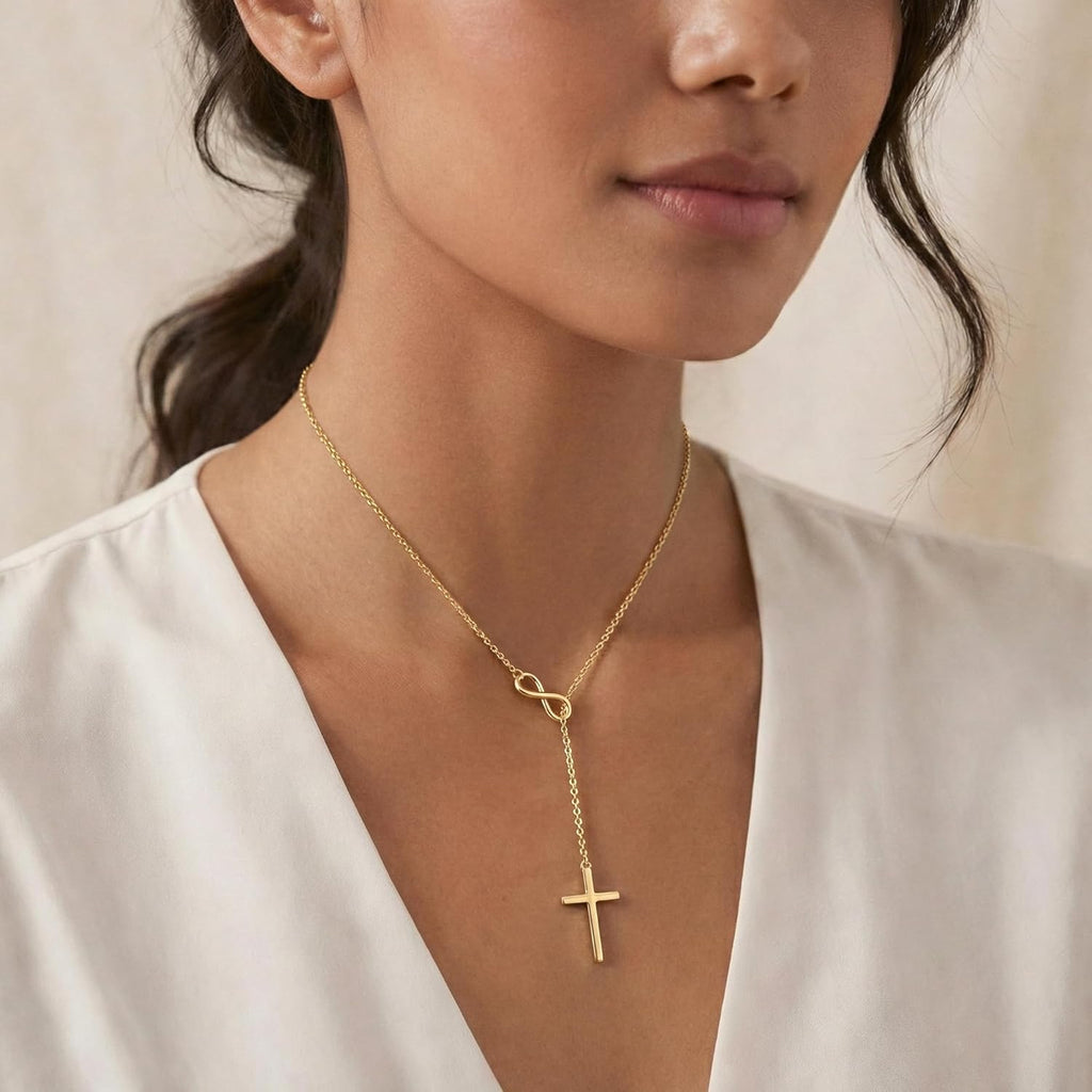 Gold Infinity Necklace With Cross Y Pendant For Mother's Day | Temsk