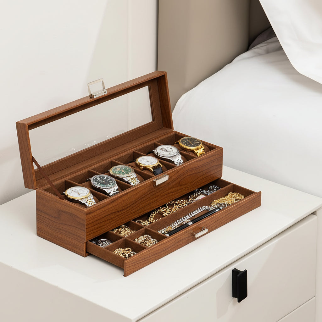 Two-Tier Watch Organizer Box With Drawer, 6 Slots, Glass Lid | Temsk