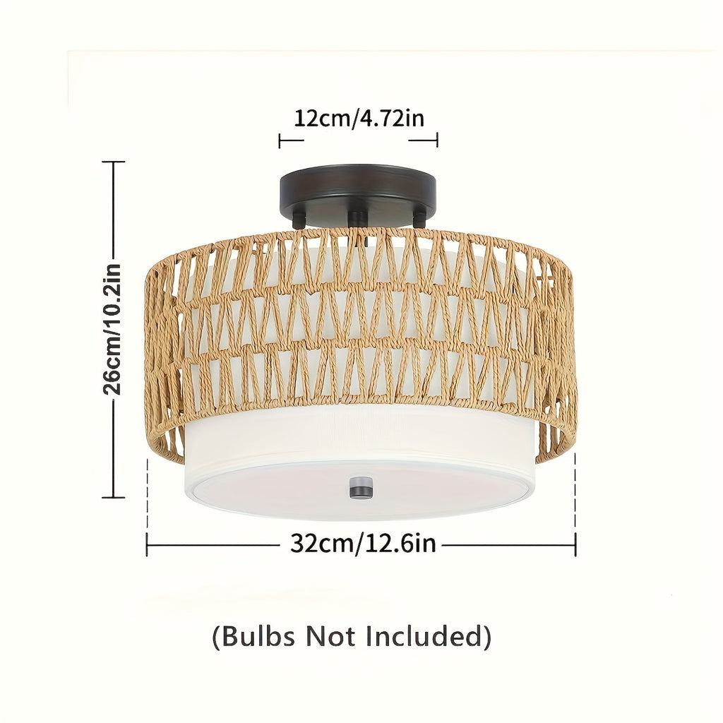 Boho Rattan-Deckenleuchte mit Leinen-Schirm, halb eingelassen | Temsk