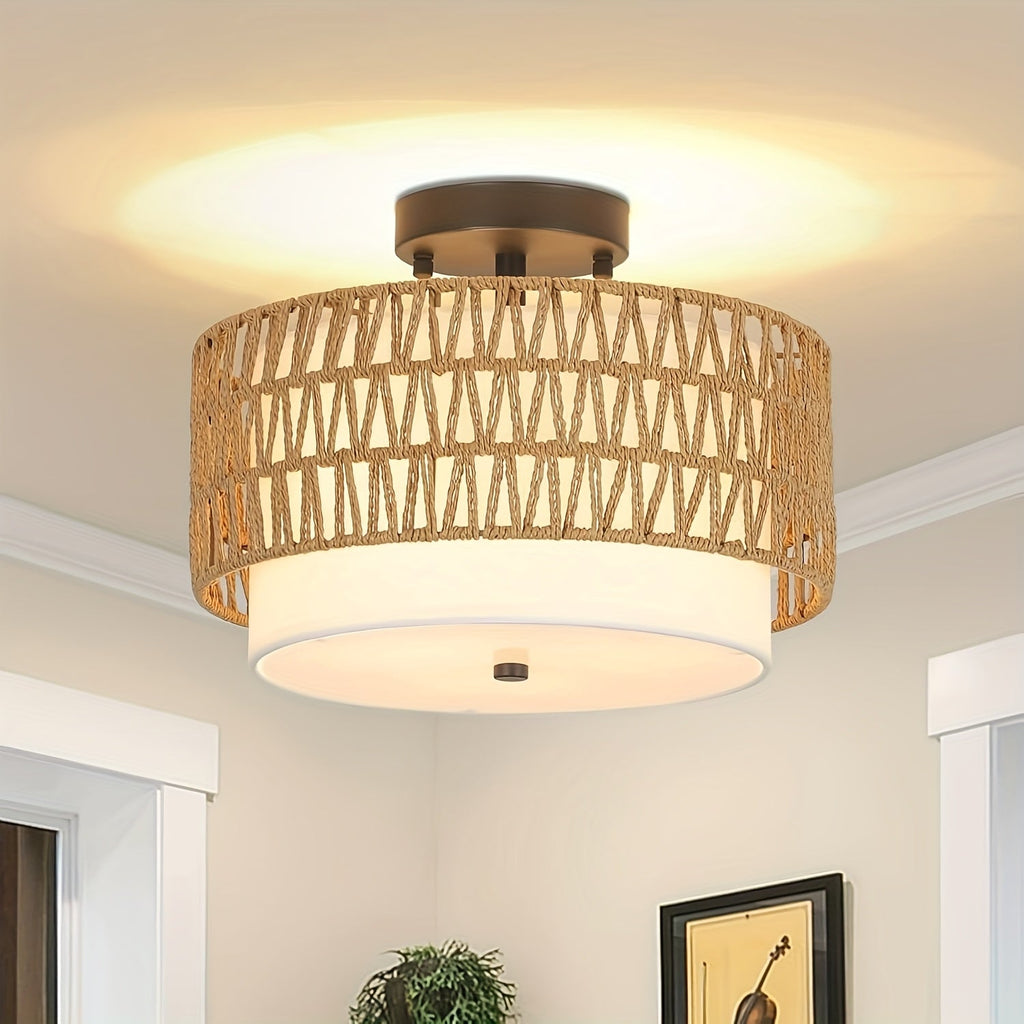 Boho Rattan-Deckenleuchte mit Leinen-Schirm, halb eingelassen | Temsk