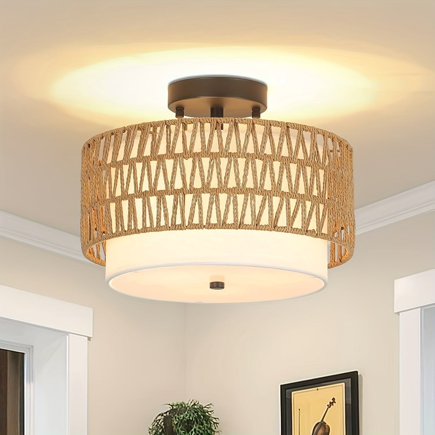 Boho Rattan-Deckenleuchte mit Leinen-Schirm, halb eingelassen | Temsk