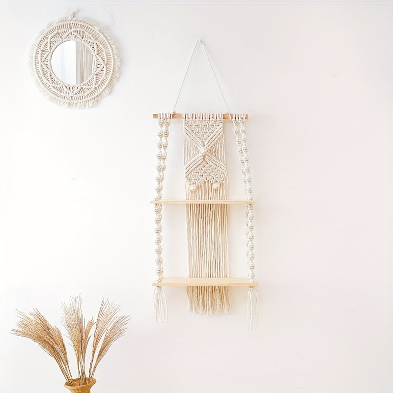 Boho Makramee-Wandregal mit zweistufigem Aufbewahrungsfach | Temsk