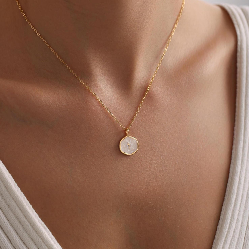 Cross Pendant Necklace With Gold Disc Dainty Jewelry For Mother's Day | Temsk