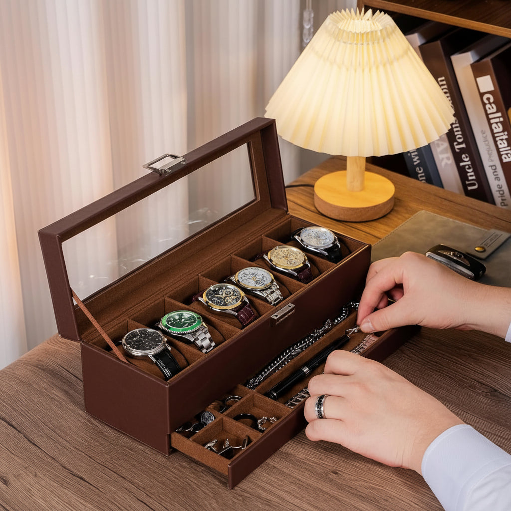 Two-Tier Watch Organizer Box With Drawer, 6 Slots, Glass Lid | Temsk