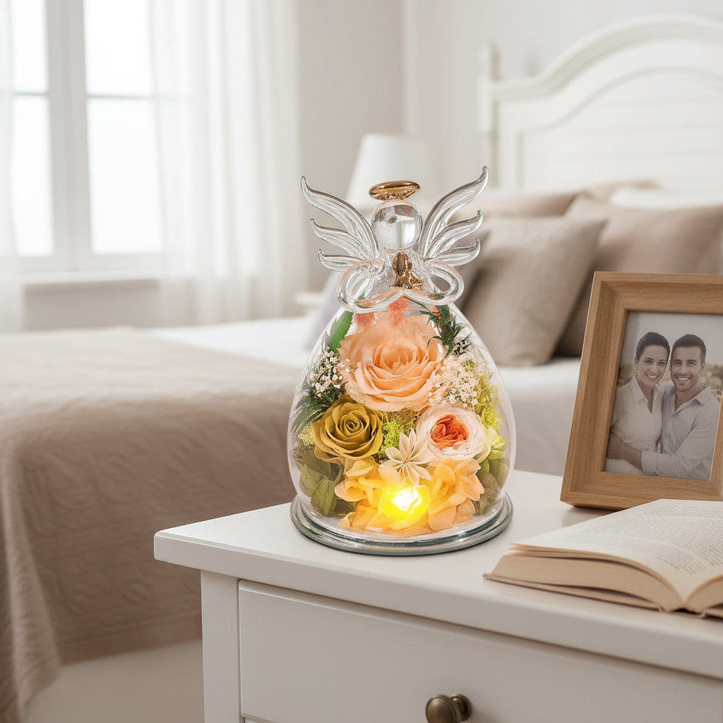 Mother's Day Rose Angel Preserved In Glass Dome With LED Lights | Temsk