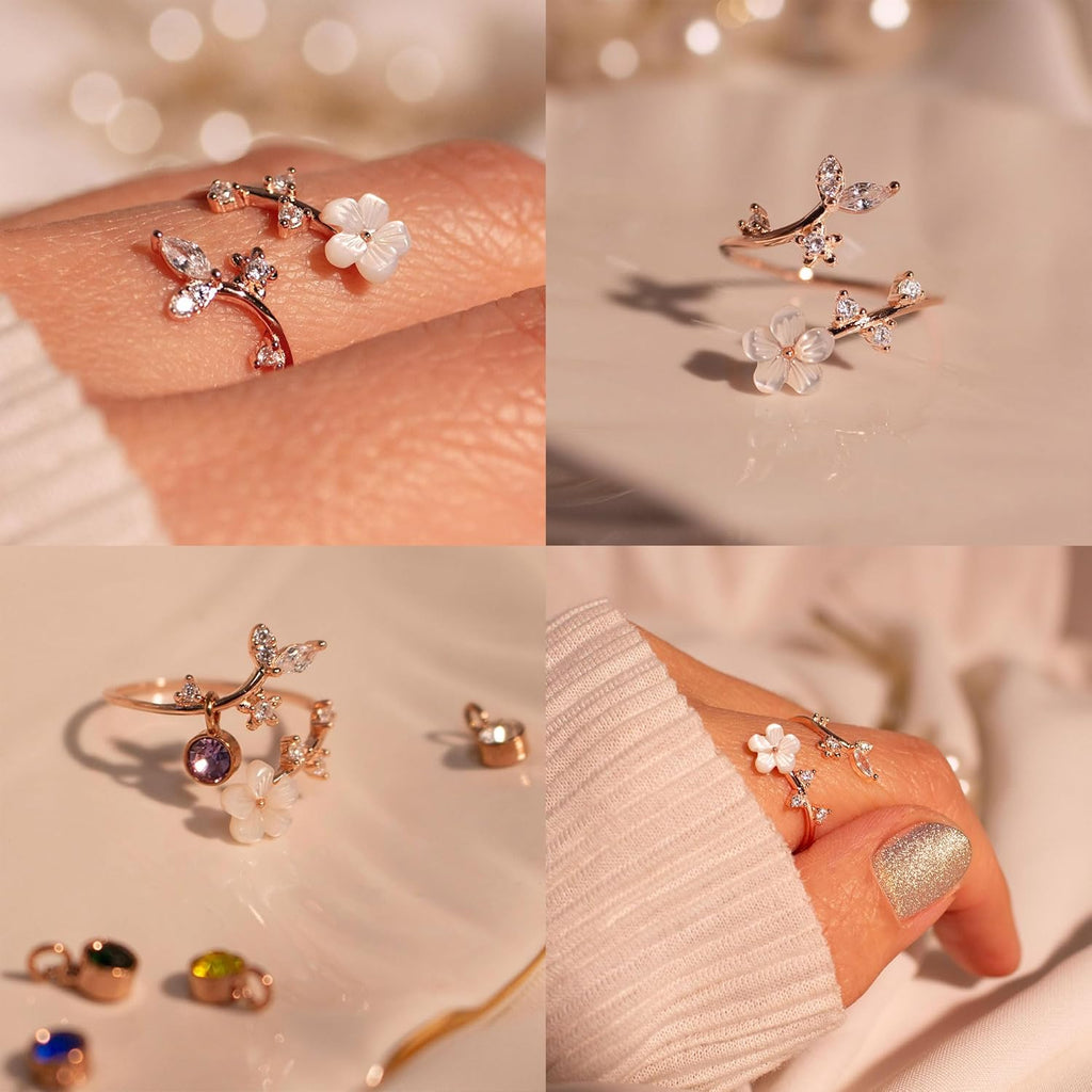 Adjustable Birthstone Flower Ring With Cubic Zirconia Mothers Day Gift | Temsk