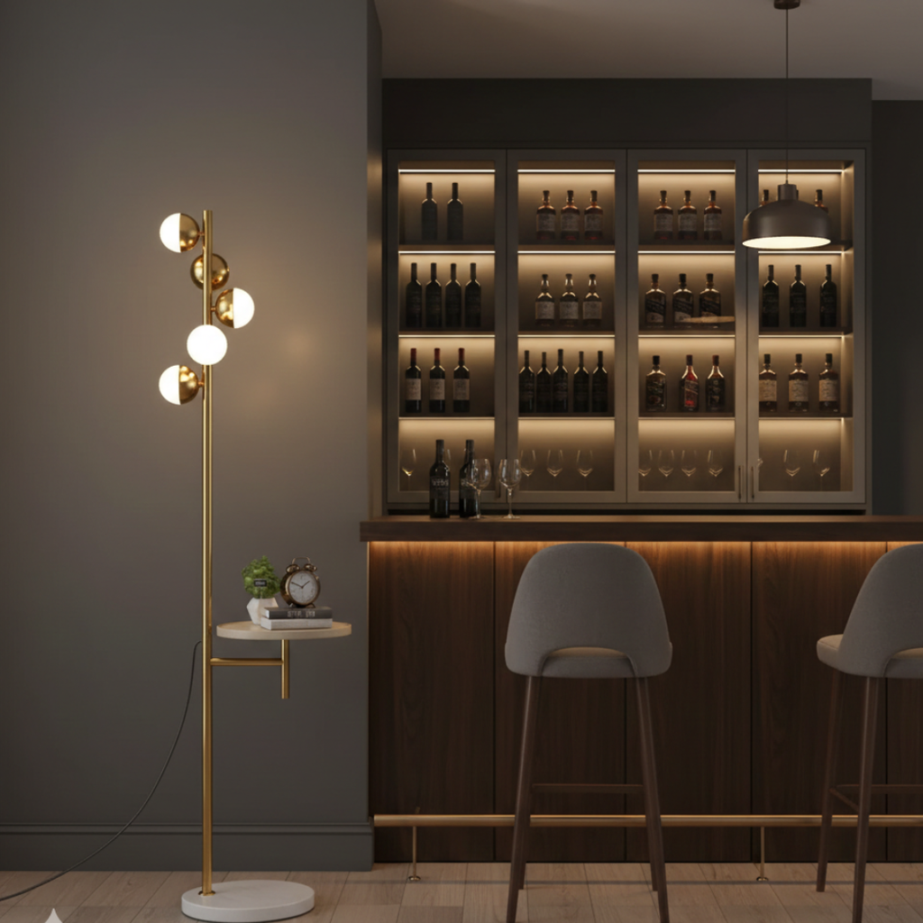 Moderní stojací lampa se zabudovaným stolkem pro obývací pokoj | Temsk