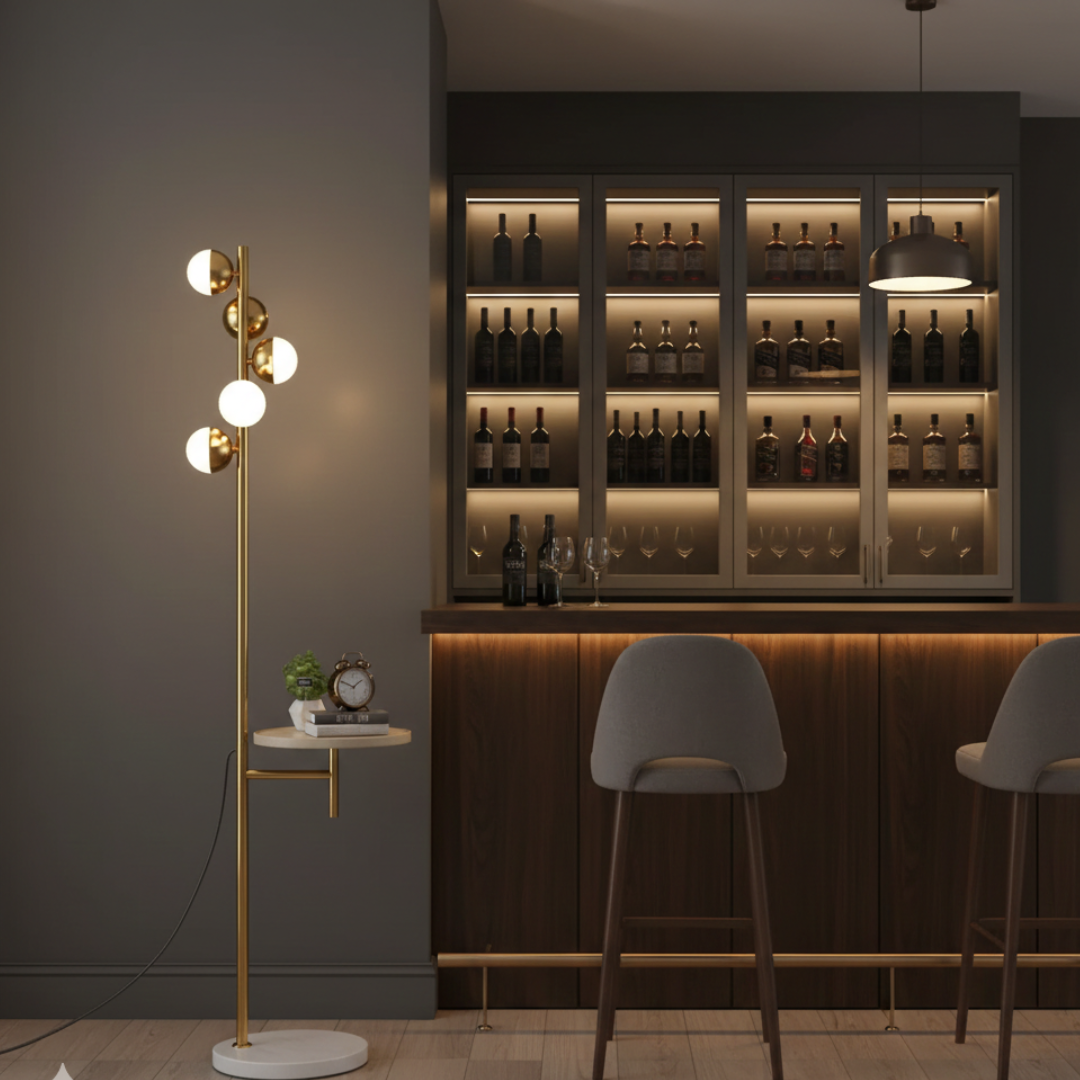 Moderní stojací lampa se zabudovaným stolkem pro obývací pokoj | Temsk