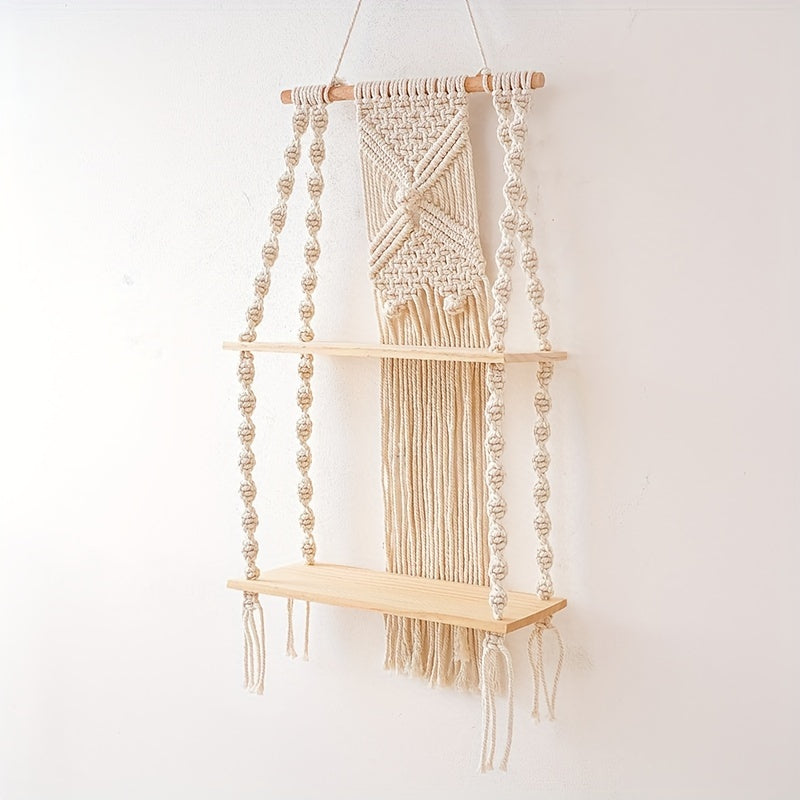 Boho Makramee-Wandregal mit zweistufigem Aufbewahrungsfach | Temsk