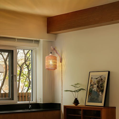 Boho Rattan Wood Wall Lamp Featuring Handwoven Shade Plug In Temsk