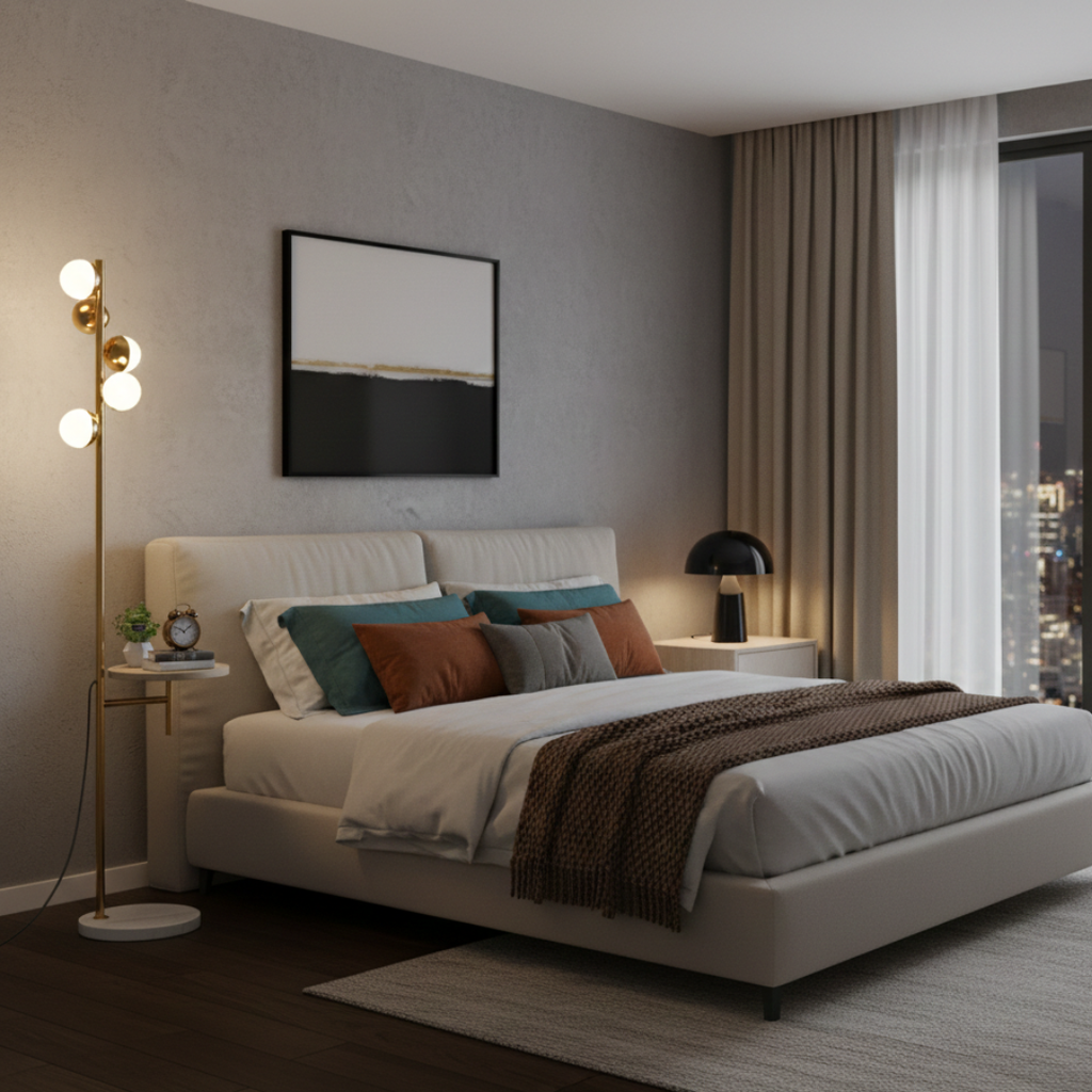 Moderní stojací lampa se zabudovaným stolkem pro obývací pokoj | Temsk