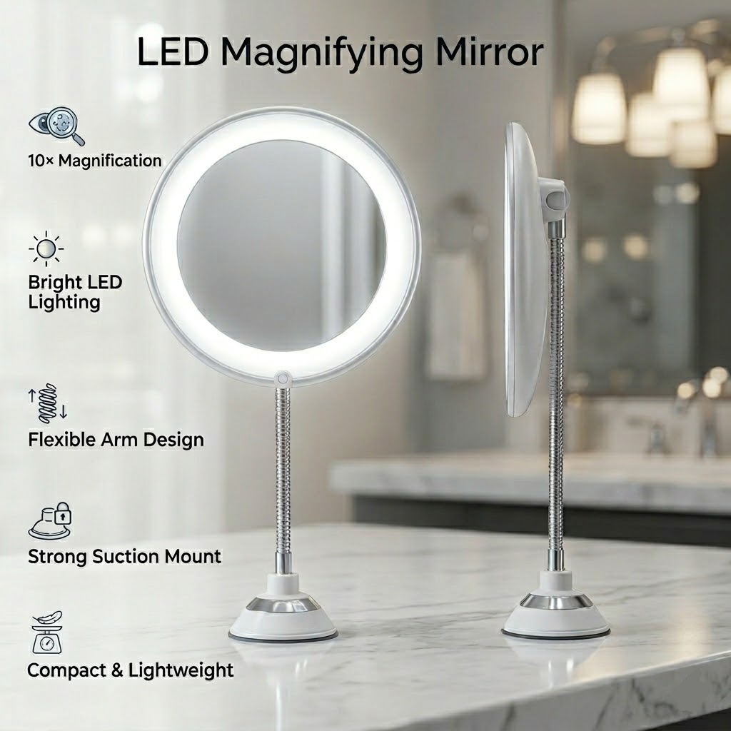 Specchio da Bagno con Ingrandimento a LED e Braccio Flessibile per la Cura Personale | Temsk