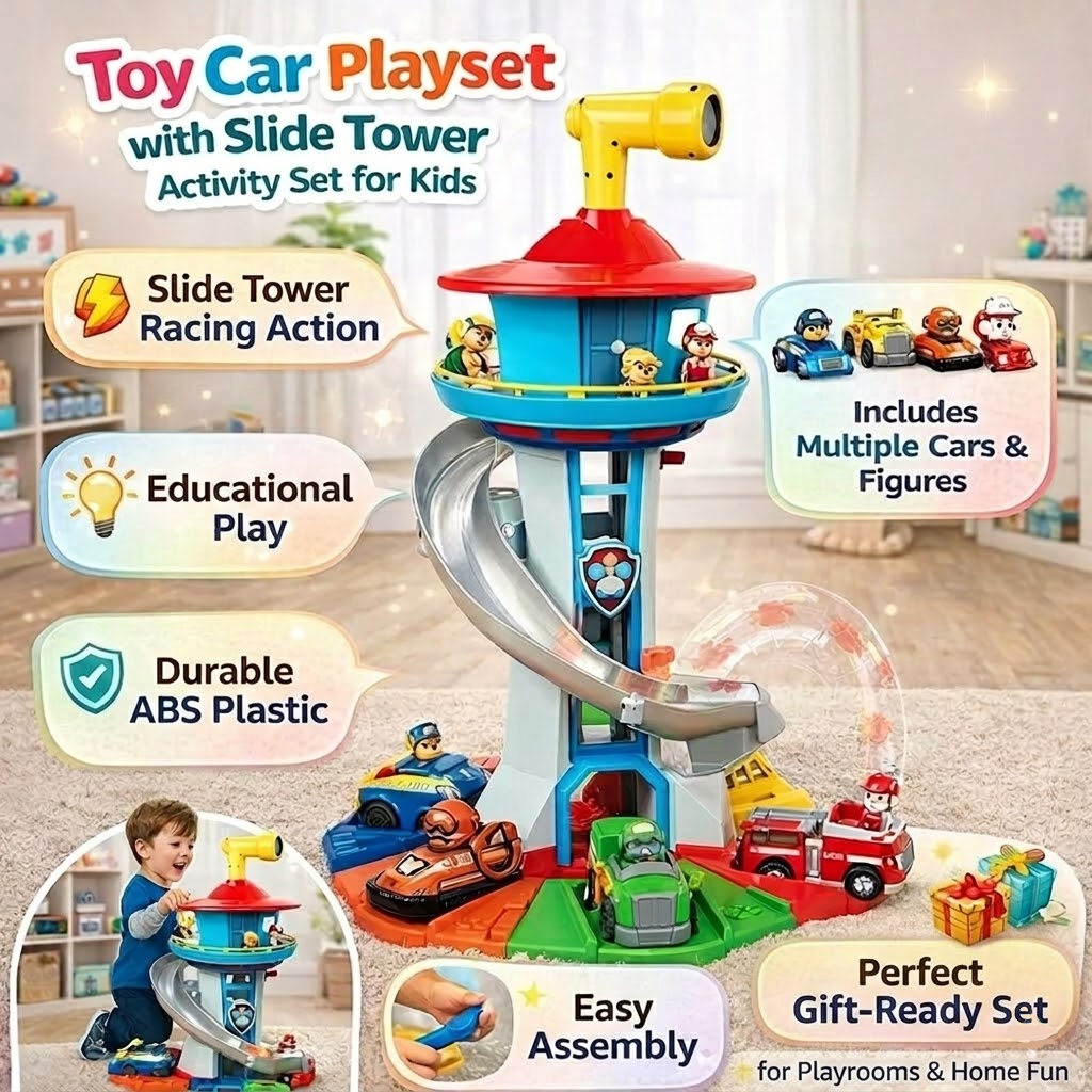 Indoor Racing Car Track With Multilevel Tower Slide Playset | Temsk