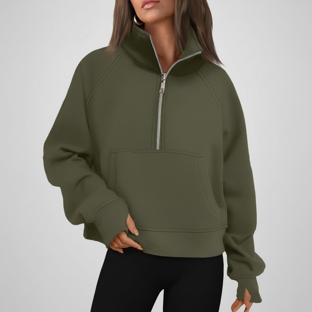 Kvinders cropped fleece-sweatshirt med halv lynlås til daglig varme | Temsk