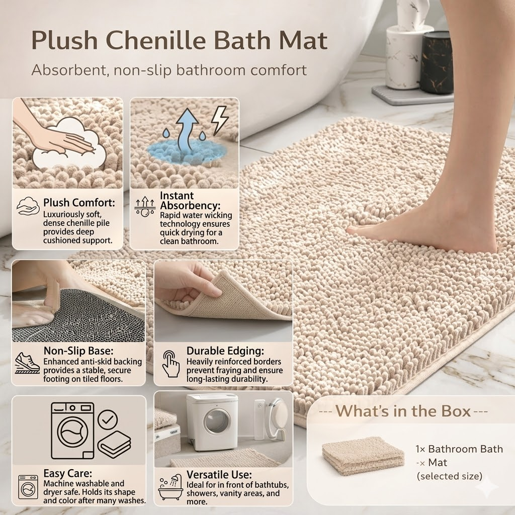 Weicher rutschfester Badematten-Teppich mit flauschigem Chenille und saugfähiger Oberfläche | Temsk