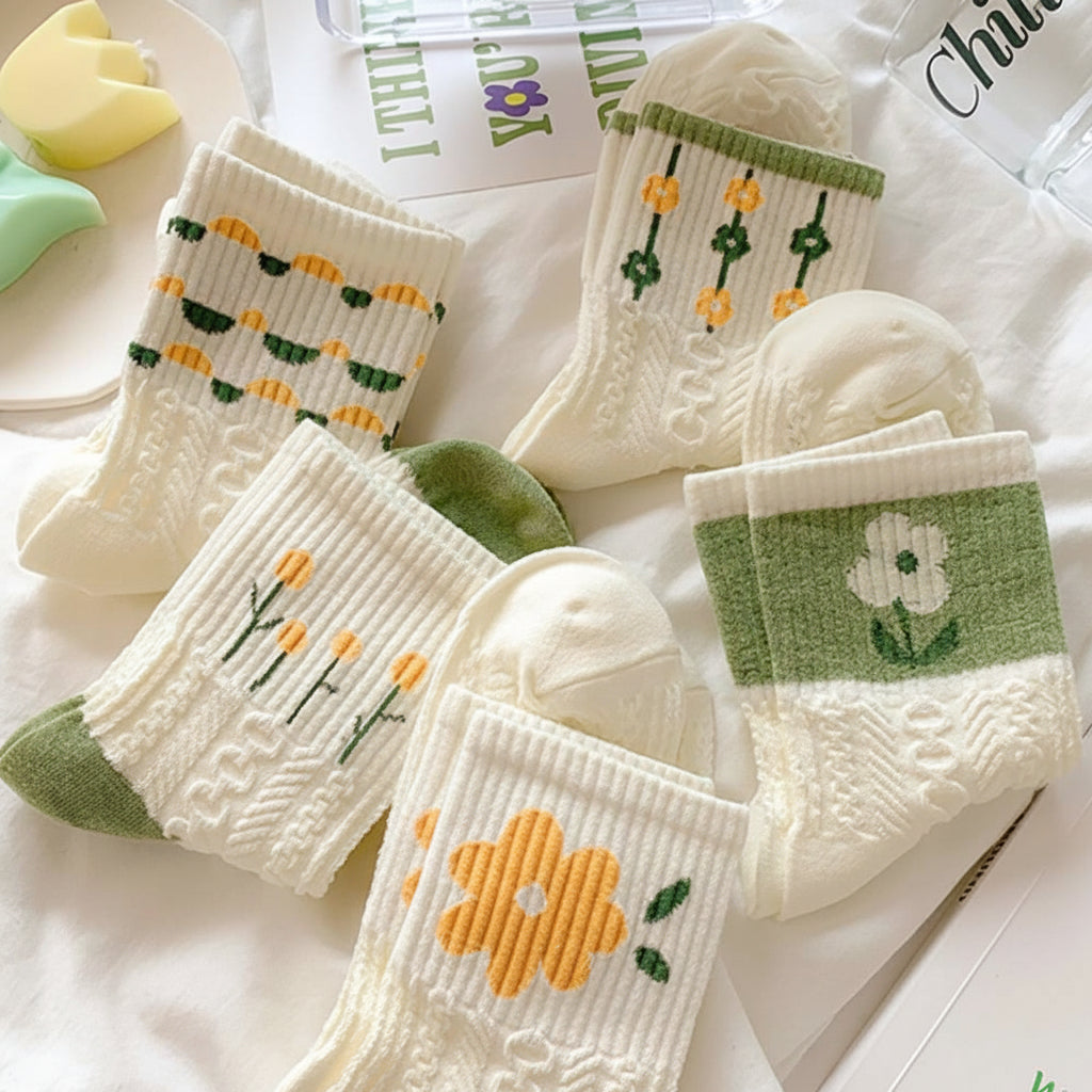 Damen Crew-Socken mit Blumenmuster und strukturiertem Zopfmuster | Temsk