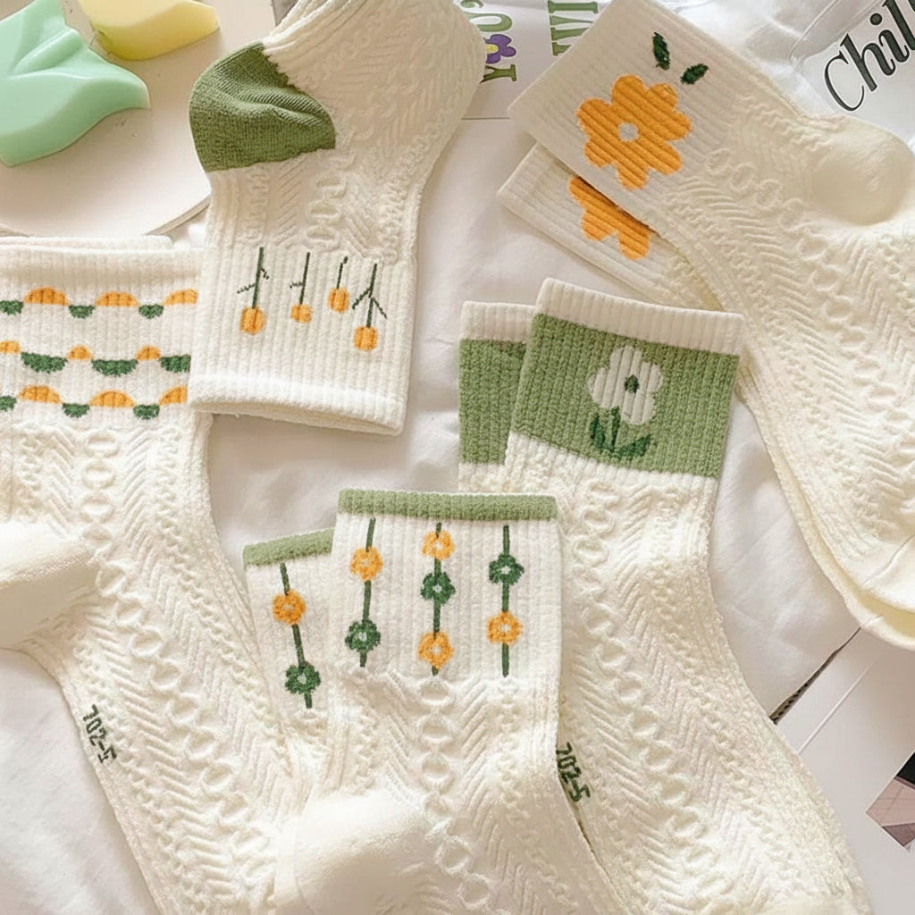 Damen Crew-Socken mit Blumenmuster und strukturiertem Zopfmuster | Temsk