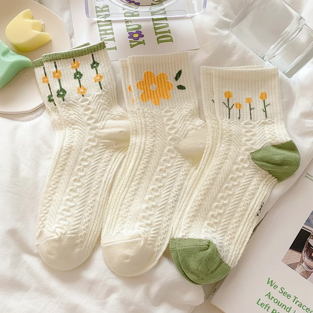Damen Crew-Socken mit Blumenmuster und strukturiertem Zopfmuster | Temsk