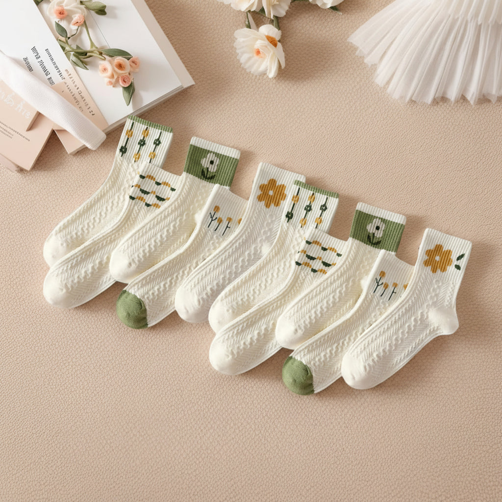 Damen Crew-Socken mit Blumenmuster und strukturiertem Zopfmuster | Temsk