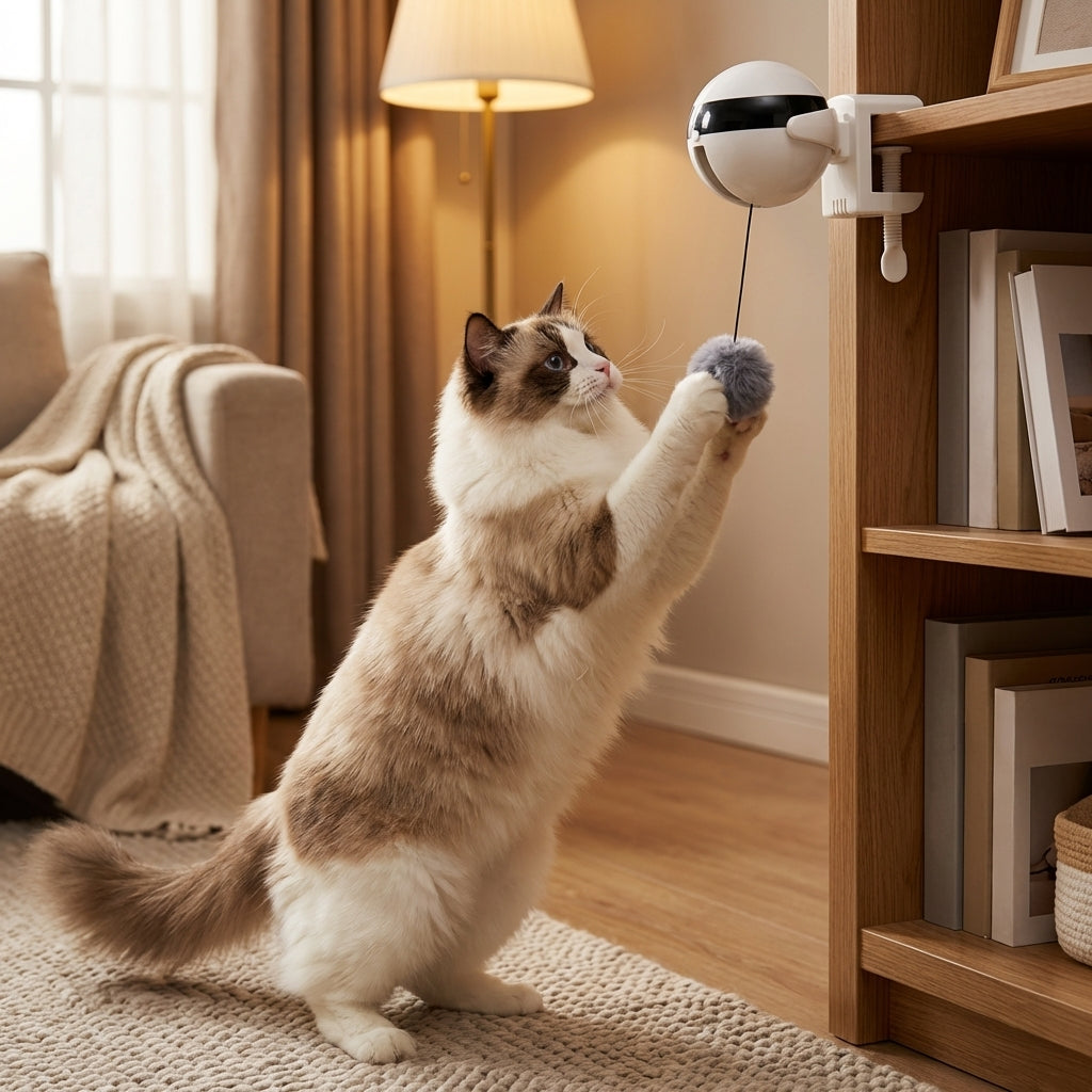 Hands-Free Automatic Lifting Cat Toy With Clamp-On String And Pompom | Temsk
