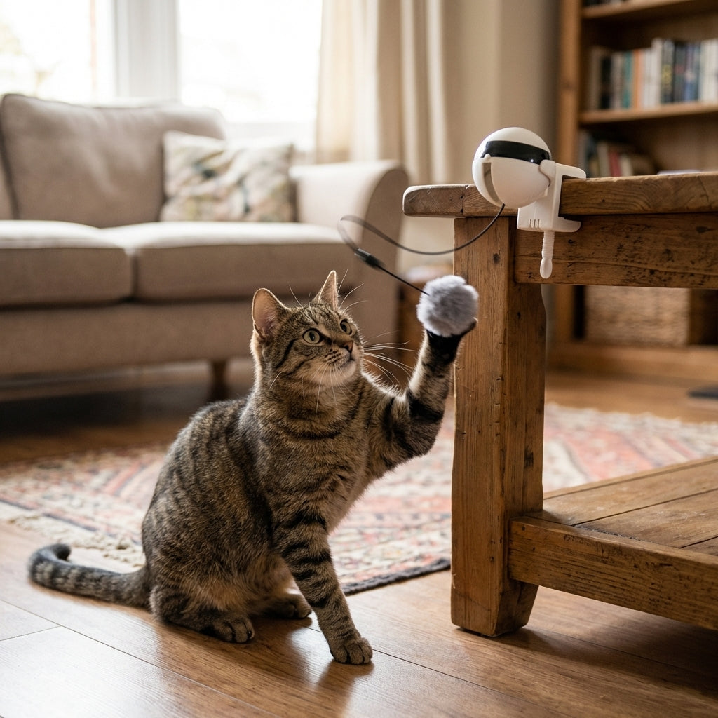 Hands-Free Automatic Lifting Cat Toy With Clamp-On String And Pompom | Temsk