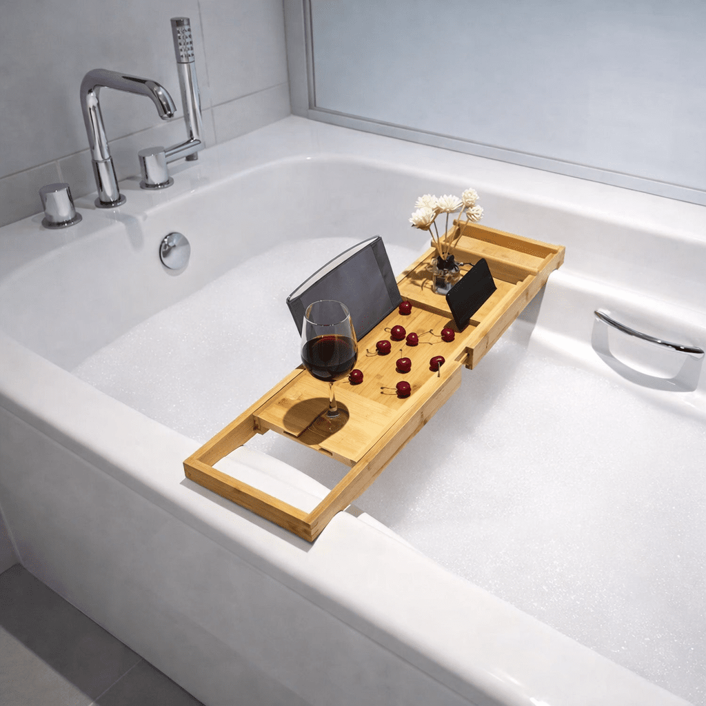 Aria Bamboo Bath Tray With Adjustable Shelf For Relaxation | Temsk
