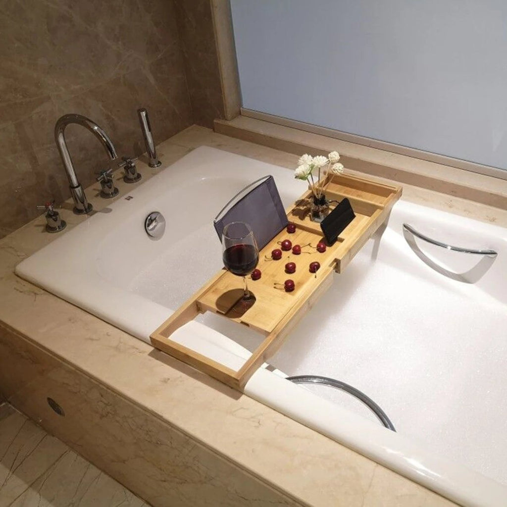 Aria Bamboo Bath Tray With Adjustable Shelf For Relaxation | Temsk