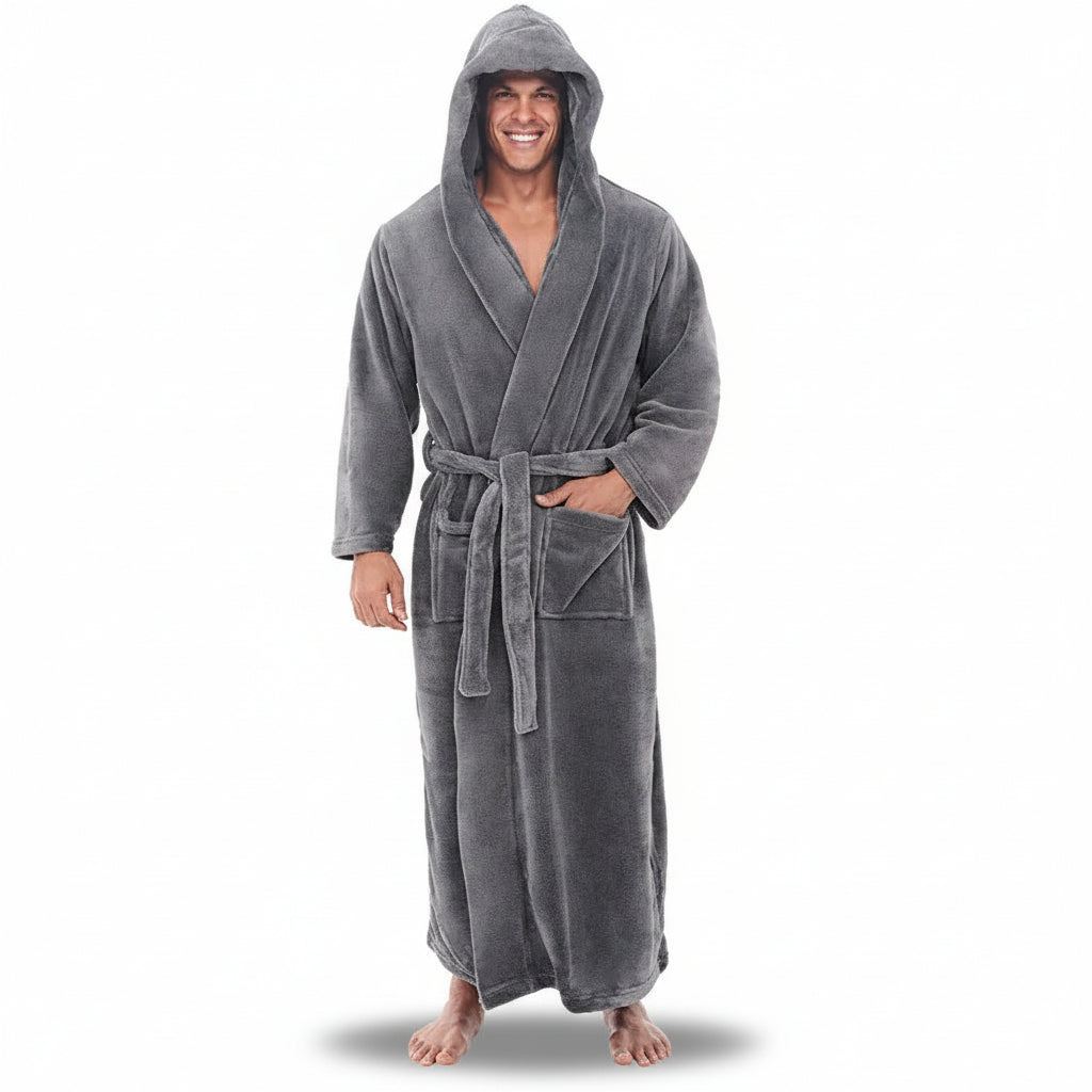 Men's Plush Hooded Bathrobe For Winter Warmth And Relaxed Lounge | Temsk