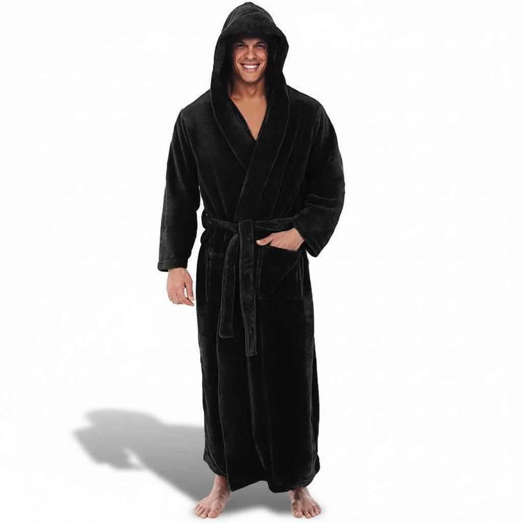 Men's Plush Hooded Bathrobe For Winter Warmth And Relaxed Lounge | Temsk