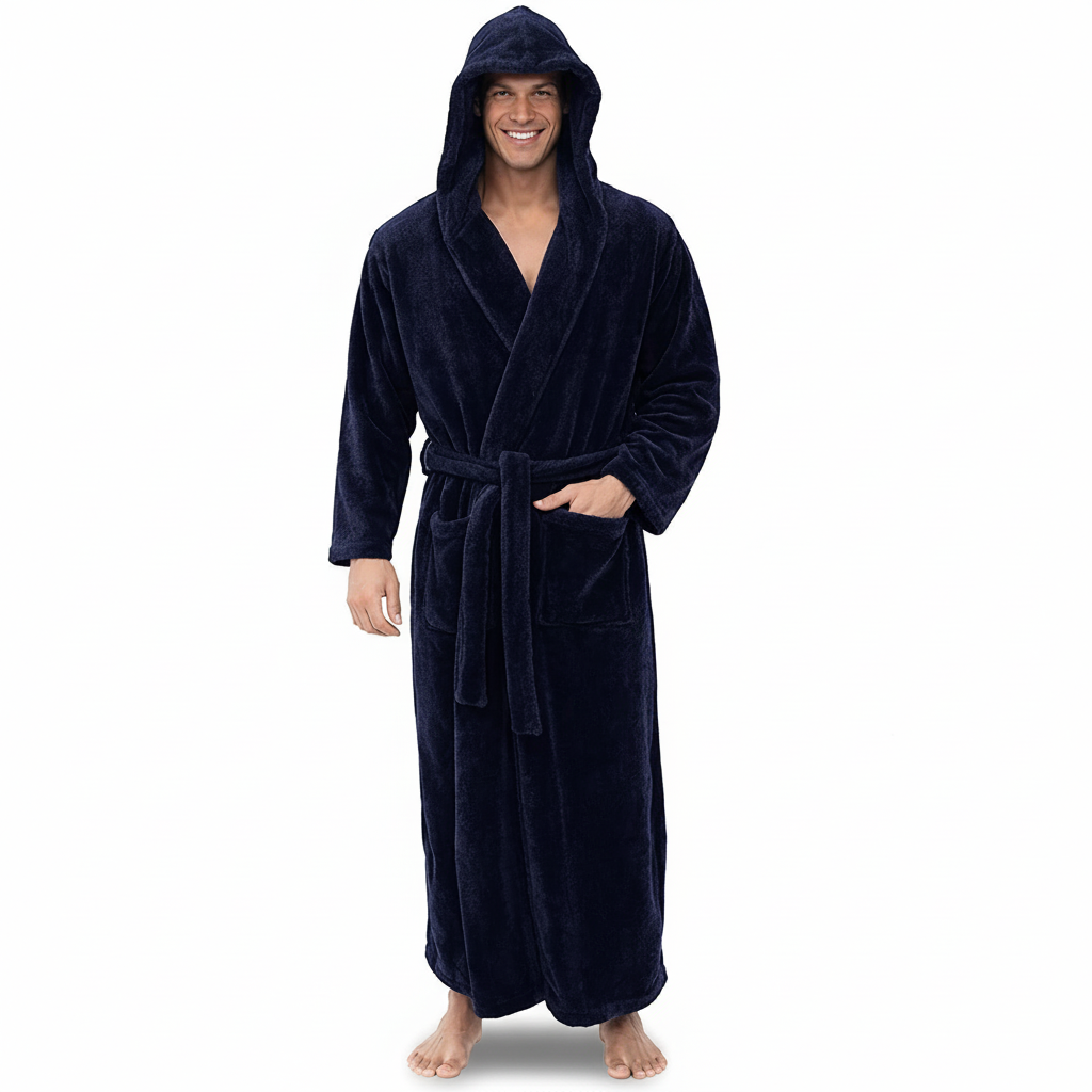 Men's Plush Hooded Bathrobe For Winter Warmth And Relaxed Lounge | Temsk