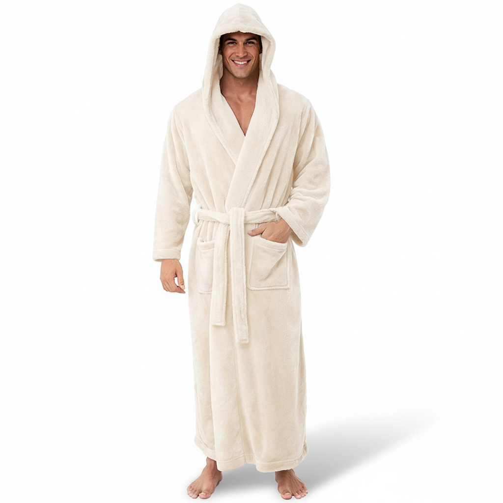 Men's Plush Hooded Bathrobe For Winter Warmth And Relaxed Lounge | Temsk