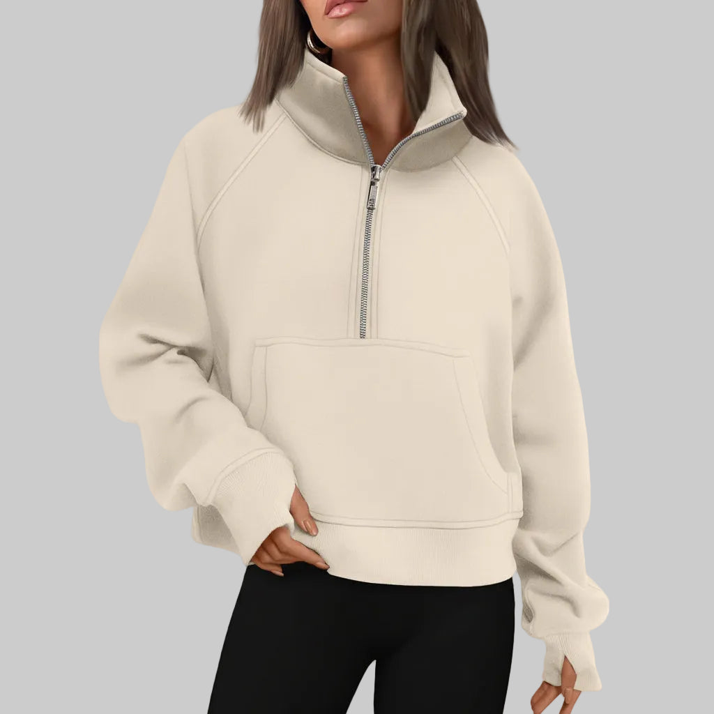 Kvinders cropped fleece-sweatshirt med halv lynlås til daglig varme | Temsk