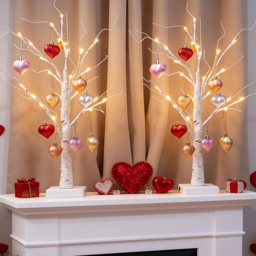 Birch Tree LED Table Lamp With Heart Light For Valentines Home Decor | Temsk