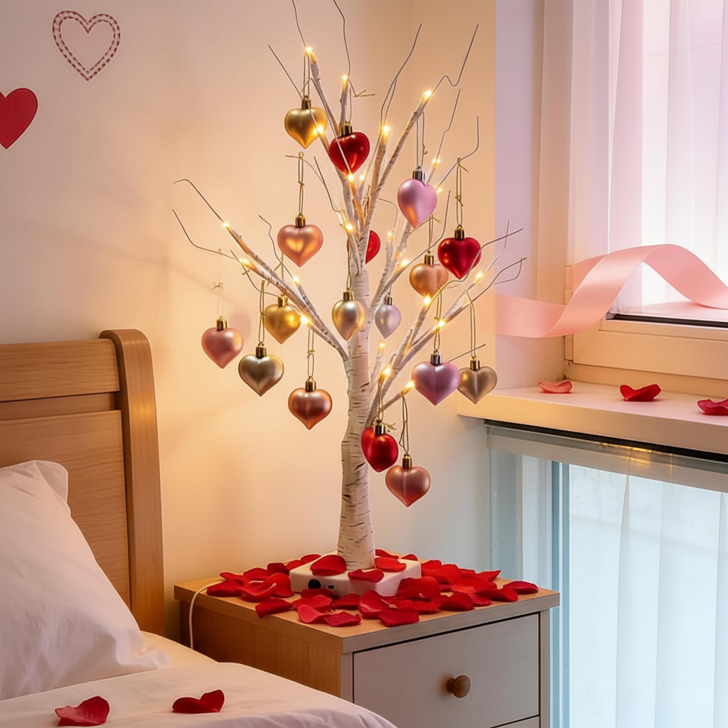 Birch Tree LED Table Lamp With Heart Light For Valentines Home Decor | Temsk