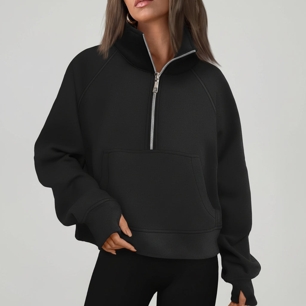 Kvinders cropped fleece-sweatshirt med halv lynlås til daglig varme | Temsk
