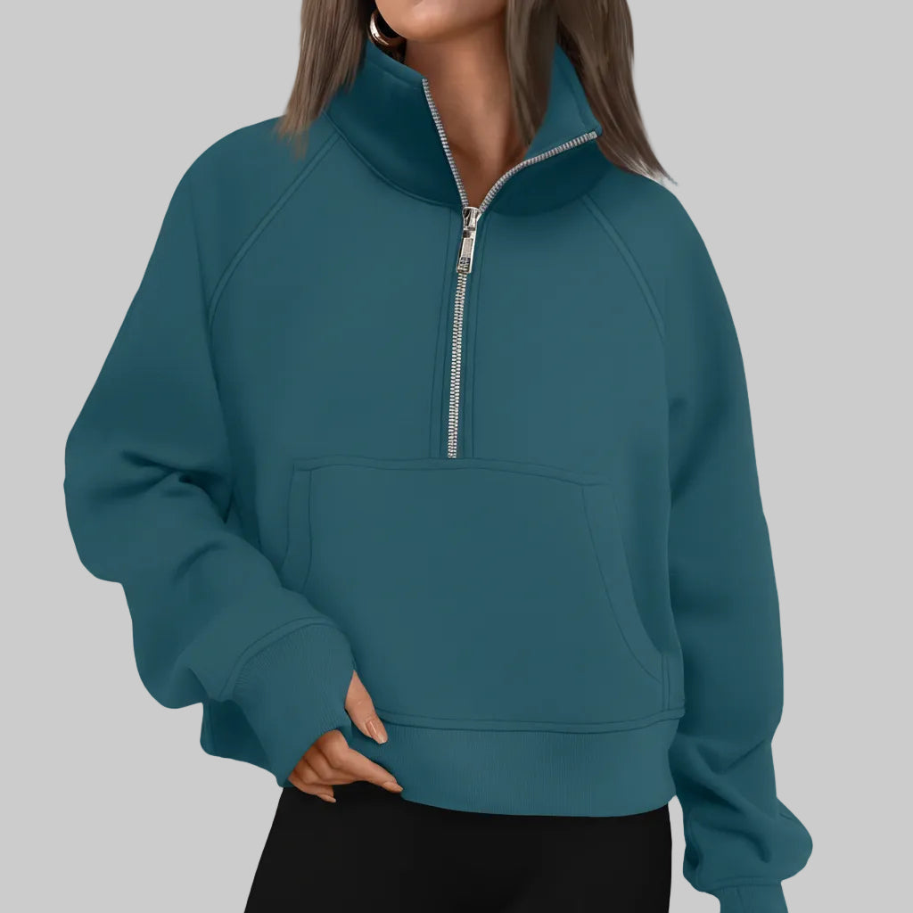 Kvinders cropped fleece-sweatshirt med halv lynlås til daglig varme | Temsk