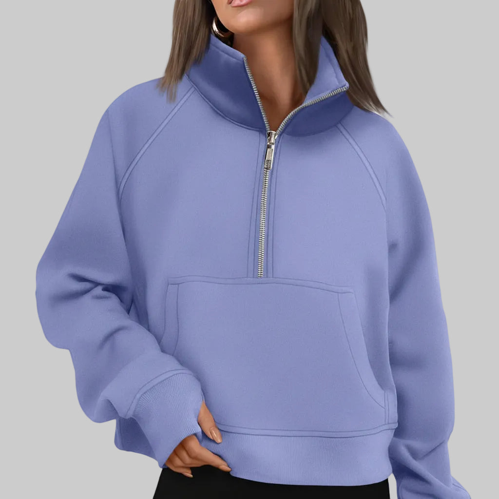 Kvinders cropped fleece-sweatshirt med halv lynlås til daglig varme | Temsk