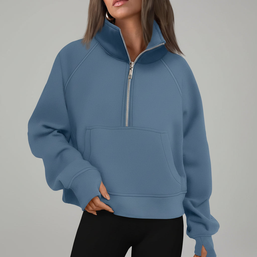 Kvinders cropped fleece-sweatshirt med halv lynlås til daglig varme | Temsk