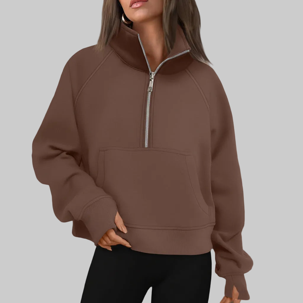 Kvinders cropped fleece-sweatshirt med halv lynlås til daglig varme | Temsk