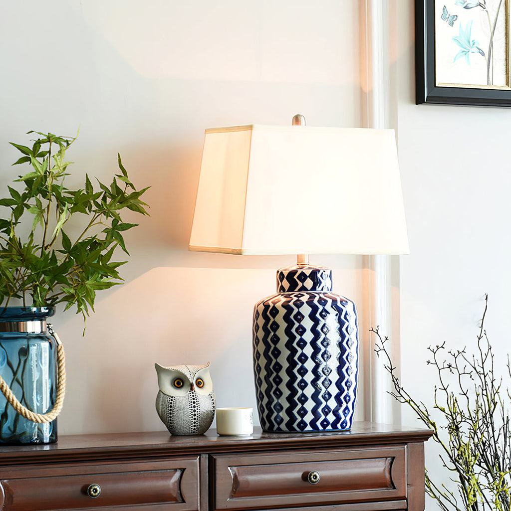 Astra Blue and White Porcelain Table Lamp With Satin Nickel Finish | Temsk