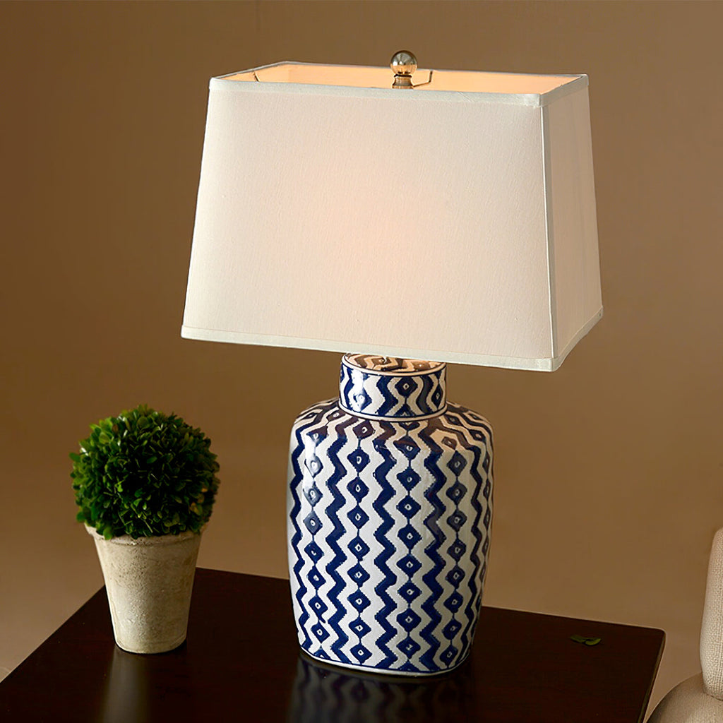 Astra Blue and White Porcelain Table Lamp With Satin Nickel Finish | Temsk