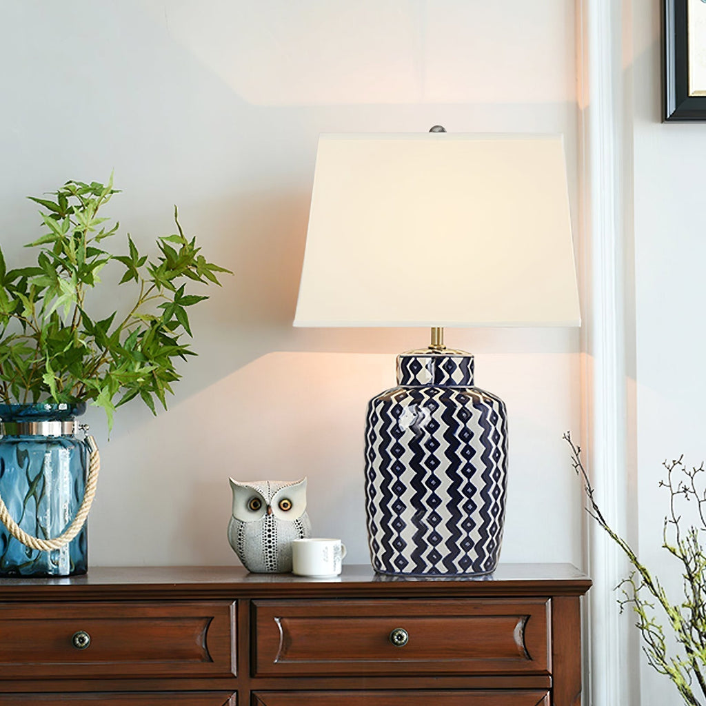 Astra Blue and White Porcelain Table Lamp With Satin Nickel Finish | Temsk