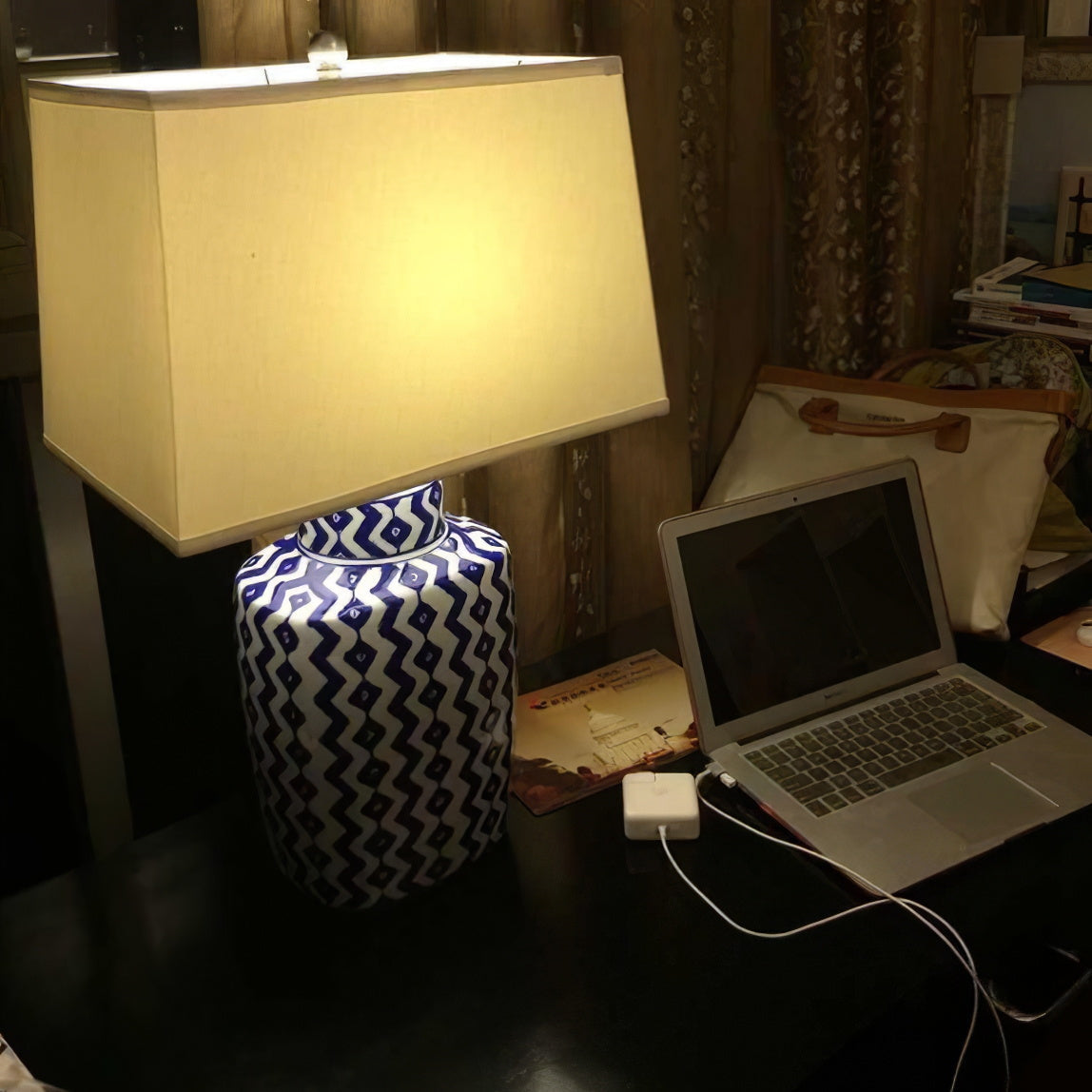 Astra Blue and White Porcelain Table Lamp With Satin Nickel Finish | Temsk