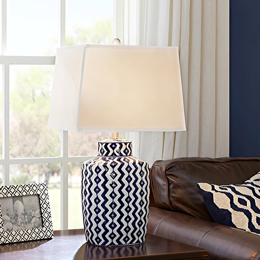 Astra Blue and White Porcelain Table Lamp With Satin Nickel Finish | Temsk