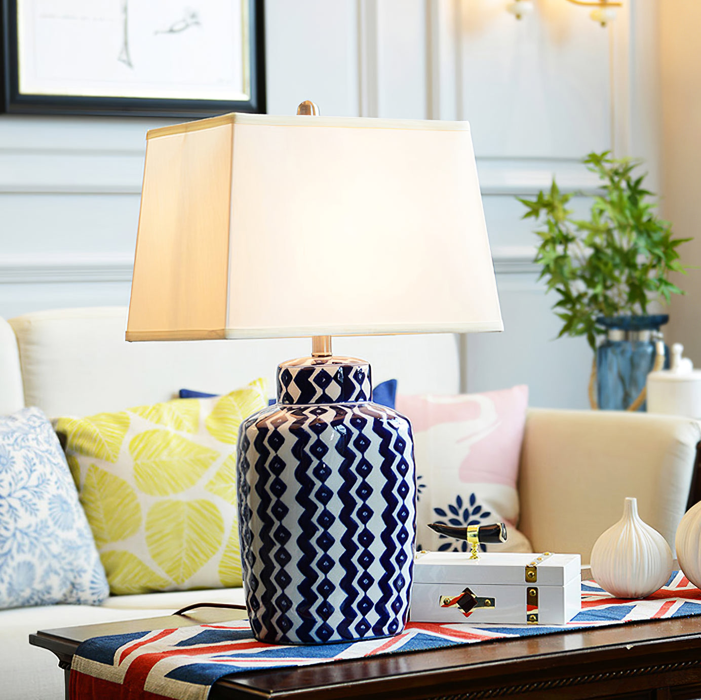 Astra Blue and White Porcelain Table Lamp With Satin Nickel Finish | Temsk