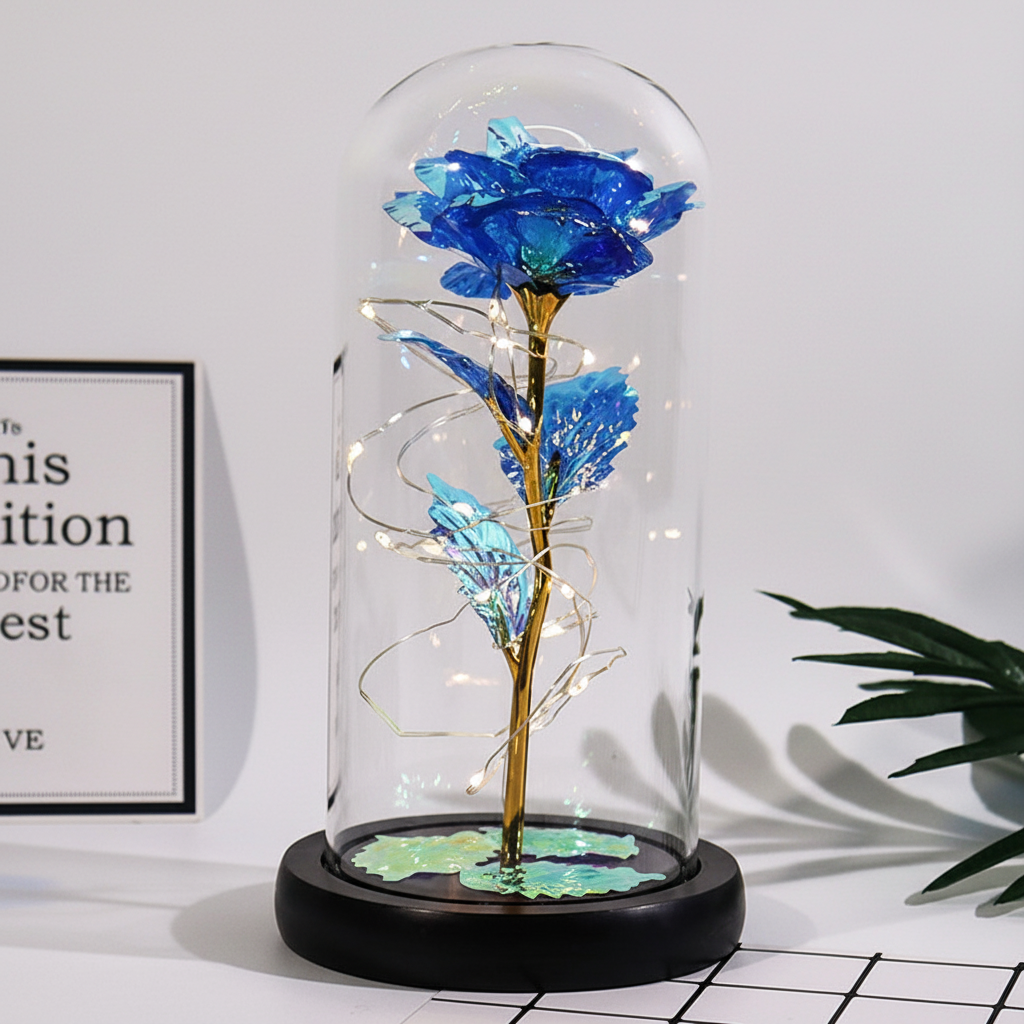 Mothers Day Rose Figure Display Under Glass Dome With Soft Lights | Temsk