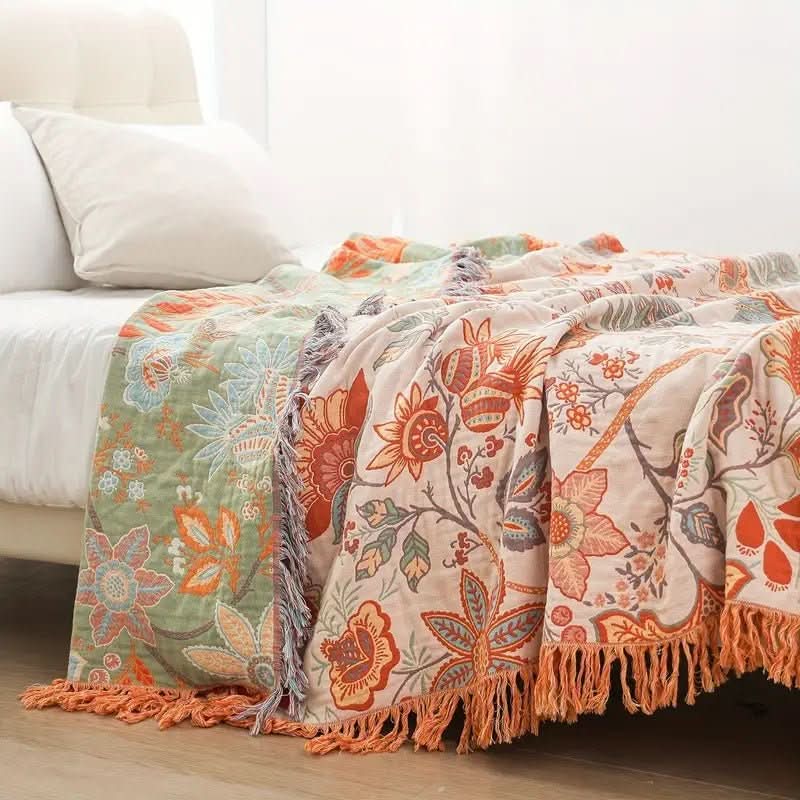 Boho Style Cotton Throw Blanket With Floral Pattern | Temsk