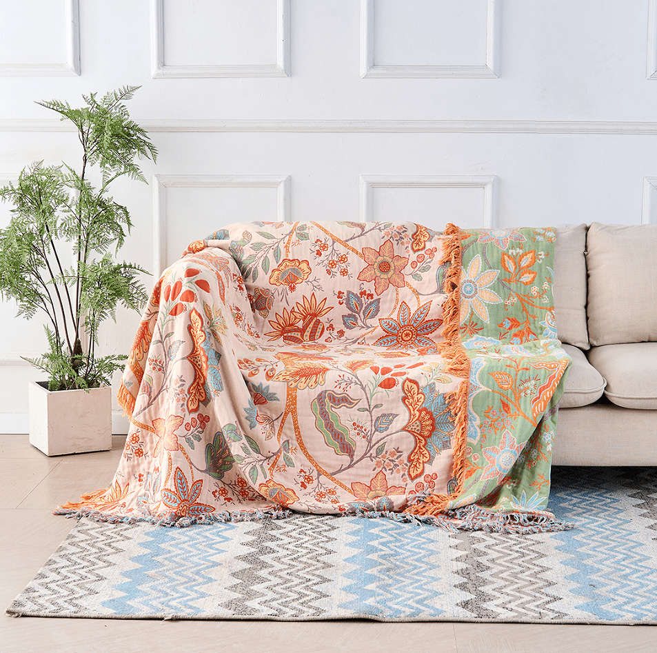 Boho Style Cotton Throw Blanket With Floral Pattern | Temsk