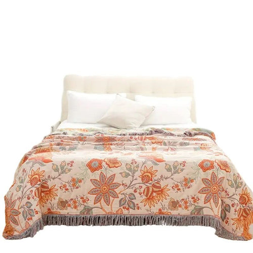 Boho Style Floral Pattern Cotton Throw Blanket With Cream Background From Temsk
