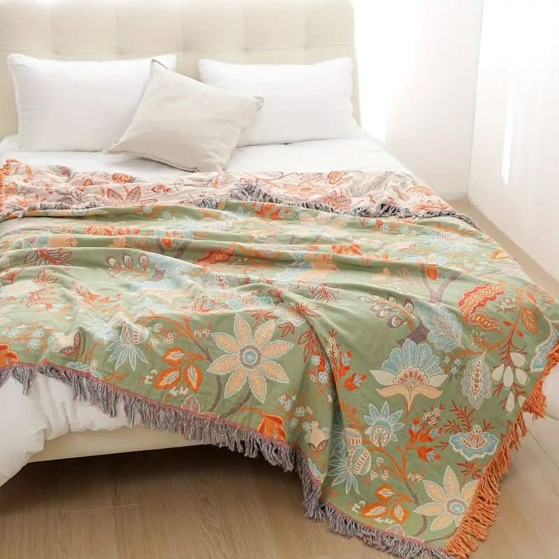 Boho Style Cotton Throw Blanket With Floral Pattern | Temsk